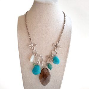 Fossil Peace Sign Silver Hippie Statement Necklace